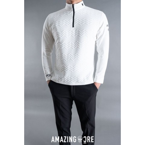 어메이징크리 엠보패턴 하프넥 집업 티셔츠 2color